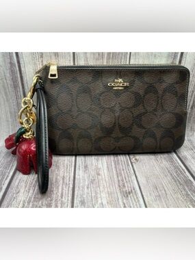 NEW COACH Large Double Zip Wristlet Wallet Signature Canvas Leather Brown Black